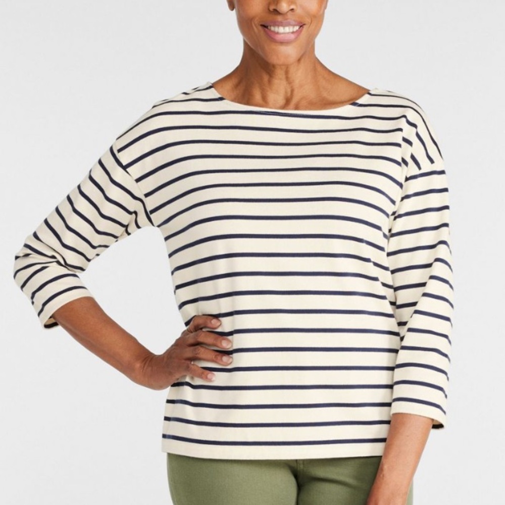 LL Bean Heritage Mariner Top, Boatneck Three-Quarter-Sleeve Stripe, XL, cotton